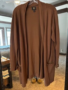 JM Collection Brown Long Open-Front Cardigan